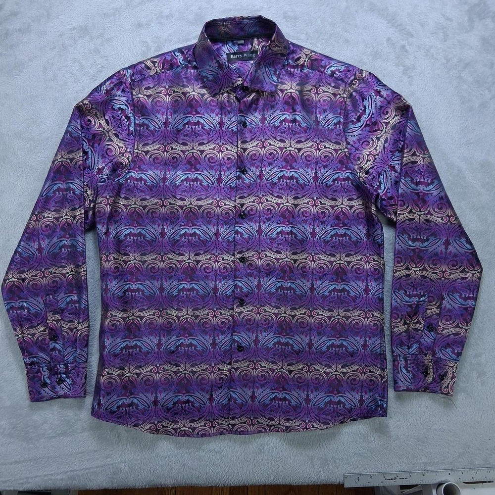 Barry.Wang Mens Purple Paisley Jacquard Long Sleeve Dress Shirt Party Formal